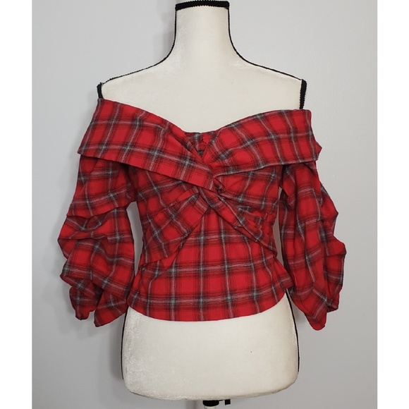 Tops - COLD SHOULDER RED PLAID TOP